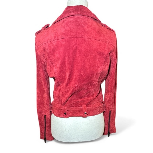 Blank NYC Red Suede Leather Moto Jacket Belted Zip Pockets Backhanded Sz S - Picture 4 of 9